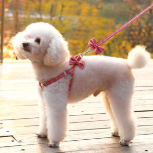 蝶結び×チェック 犬用ハーネス＆リードセット｜やわらかスエード調